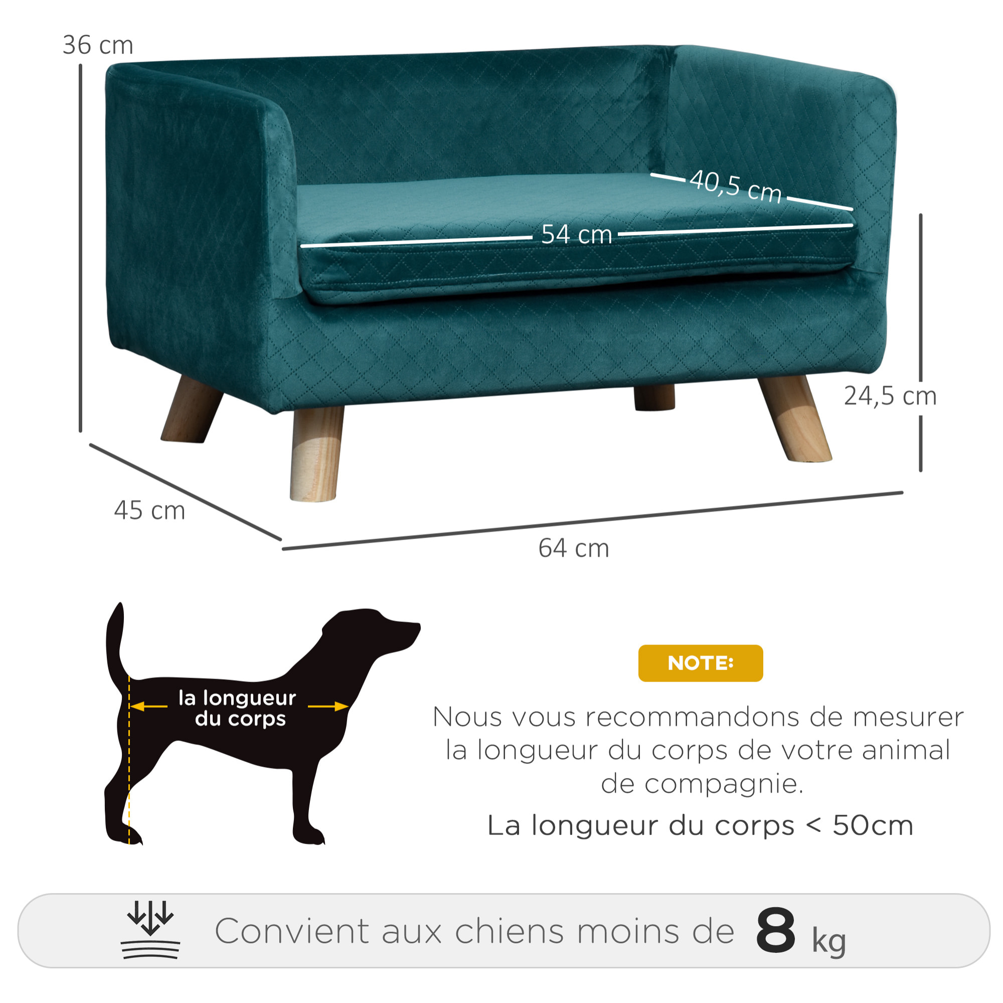 Canapé chien lit pour chien design scandinave coussin moelleux pieds bois massif dim. 64 x 45 x 36 cm velours bleu canard