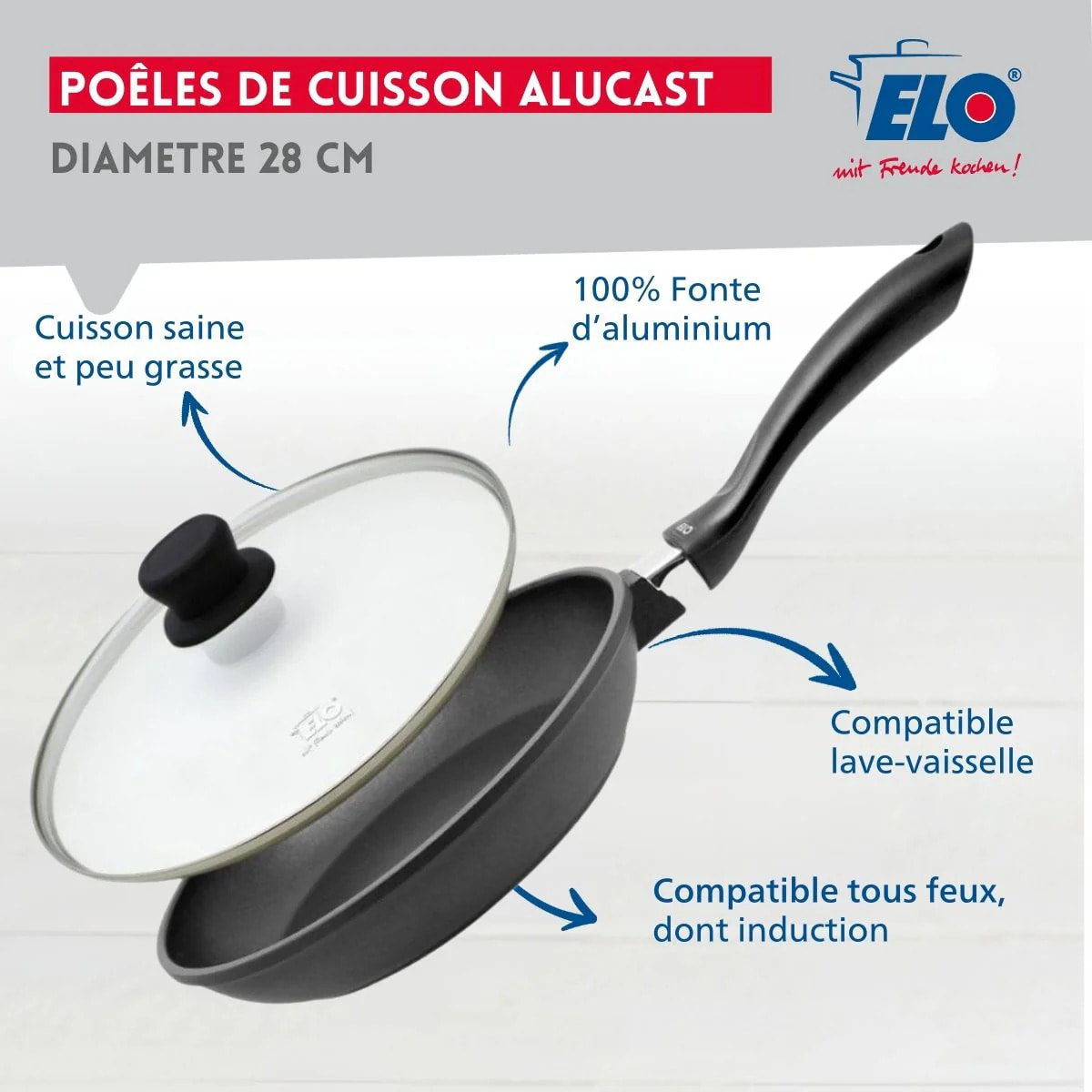 Poêle à frire 28 cm et couvercle en verre sans PFAS Elo Alucast