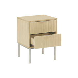Lot de 2 tables de chevet effet bois rainuré et métal. pieds métal champagne. 2 tiroirs