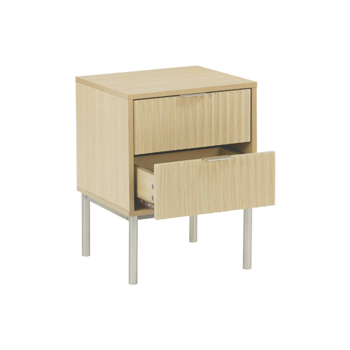 Lot de 2 tables de chevet effet bois rainuré et métal. pieds métal champagne. 2 tiroirs