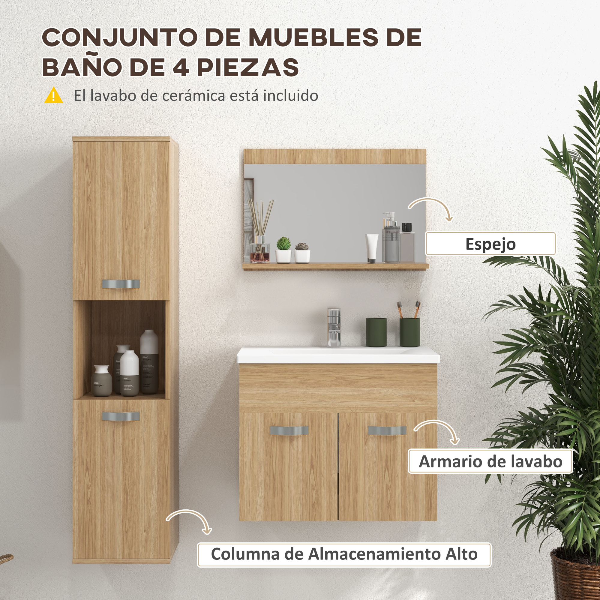 Conjunto de Muebles de Baño de Pared de 3 Piezas, Incluye Espejo, Mueble de Baño con Lavabo Cerámico, Armario Alto con Estantes Ajustables, Estilo Moderno, Natural