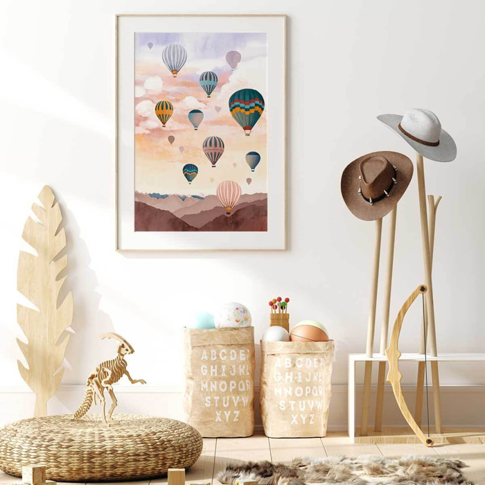 Affiche enfant ciel de montgolfière  Affiche + cadre en bois - Chêne