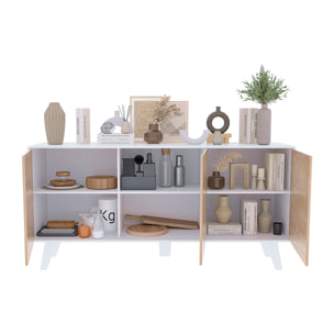 Credenza Gijòn Mobile Mobiletto Soggiorno Salotto Ingresso Sala da Pranzo 3 Ante 154 x 41 x 75 cm Colore Bianco Lucido Rovere Chiaro