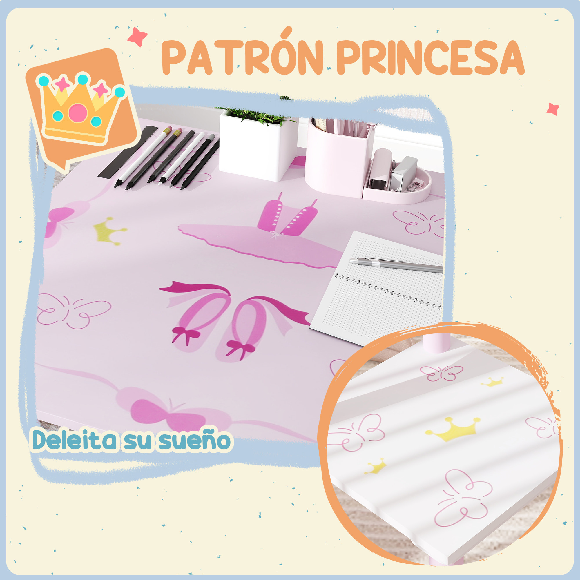 Mesa y Sillas Infantiles para Niños de 2-5 Años Mesa Infantil con Sillas de 3 Piezas Estilo Princesa para Sala de Juegos Dormitorio Guardería Rosa y Blanco