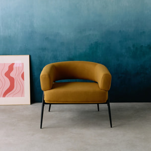 Fauteuil tissu moutarde dossier incurvé piétement métal L 81.5 x P 72.5 x H 69 cm - Cristo