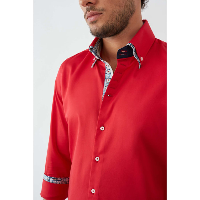 Camicia Uomo 2 Bottoni Button Down 7bottoni Doppio Coll Satin Unito Rosso
