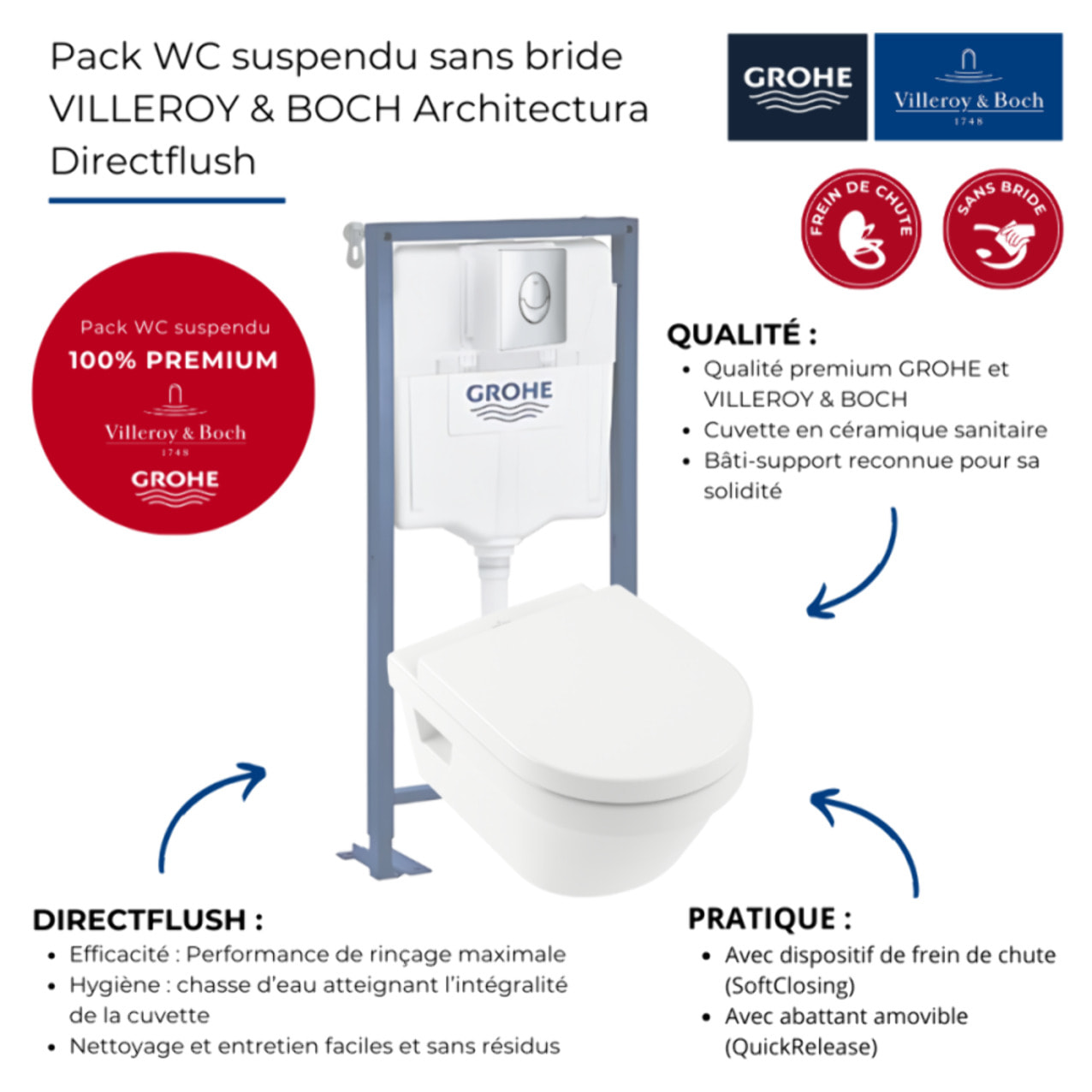 Pack WC suspendu sans bride Architectura Directflush+ abattant frein de chute + bâti-support GROHE Solido + plaque chromée