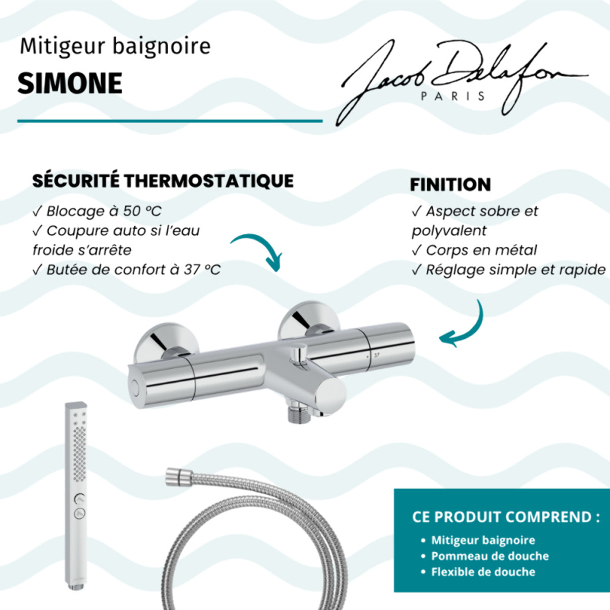 Mitigeur baignoire Simone + pommeau de douche Shift+ carré + flexible de douche métal