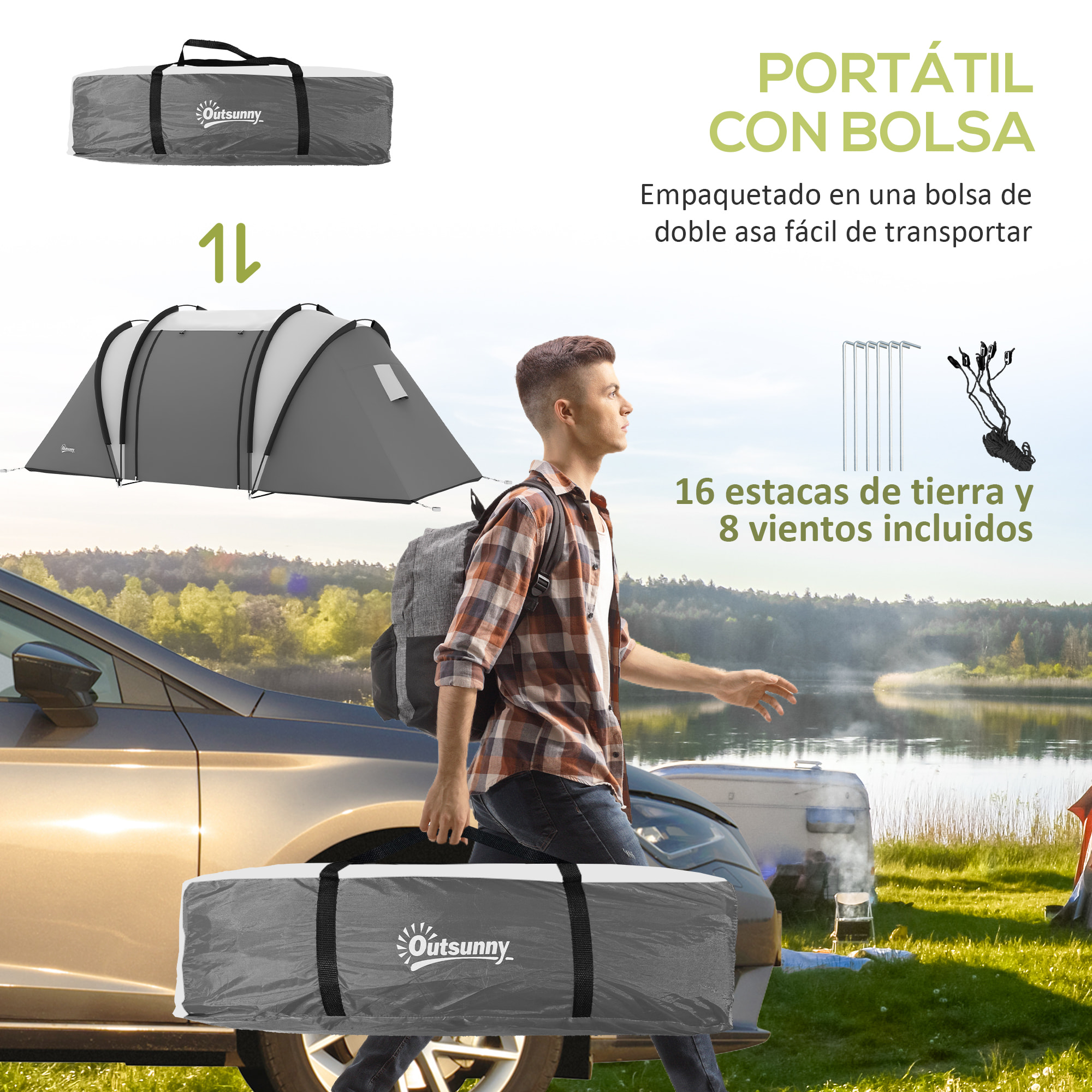 Tienda de Campaña Familiar para 4-5 Personas Tienda de Acampada de Túnel Impermeable 3000 mm con 2 Dormitorios Bolsa de Transporte y Gancho para Pescar Senderismo Gris