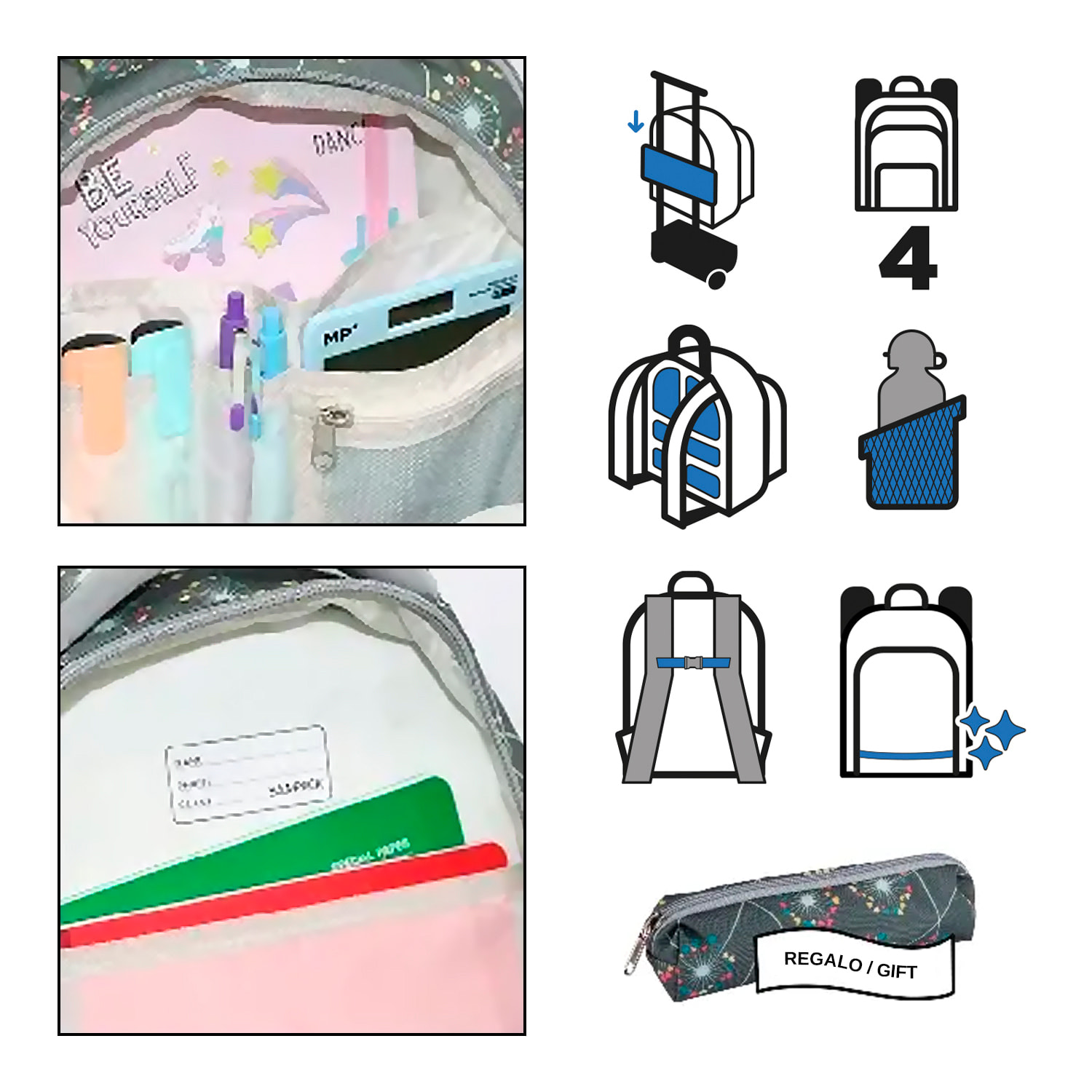 Zaino scolastico con quattro cerniere, pannello imbottito, dettagli riflettenti e compatibile con carrello. 30x16x42 cm.