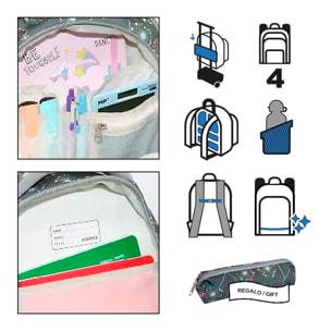 Zaino scolastico con quattro cerniere, pannello imbottito, dettagli riflettenti e compatibile con carrello. 30x16x42 cm.