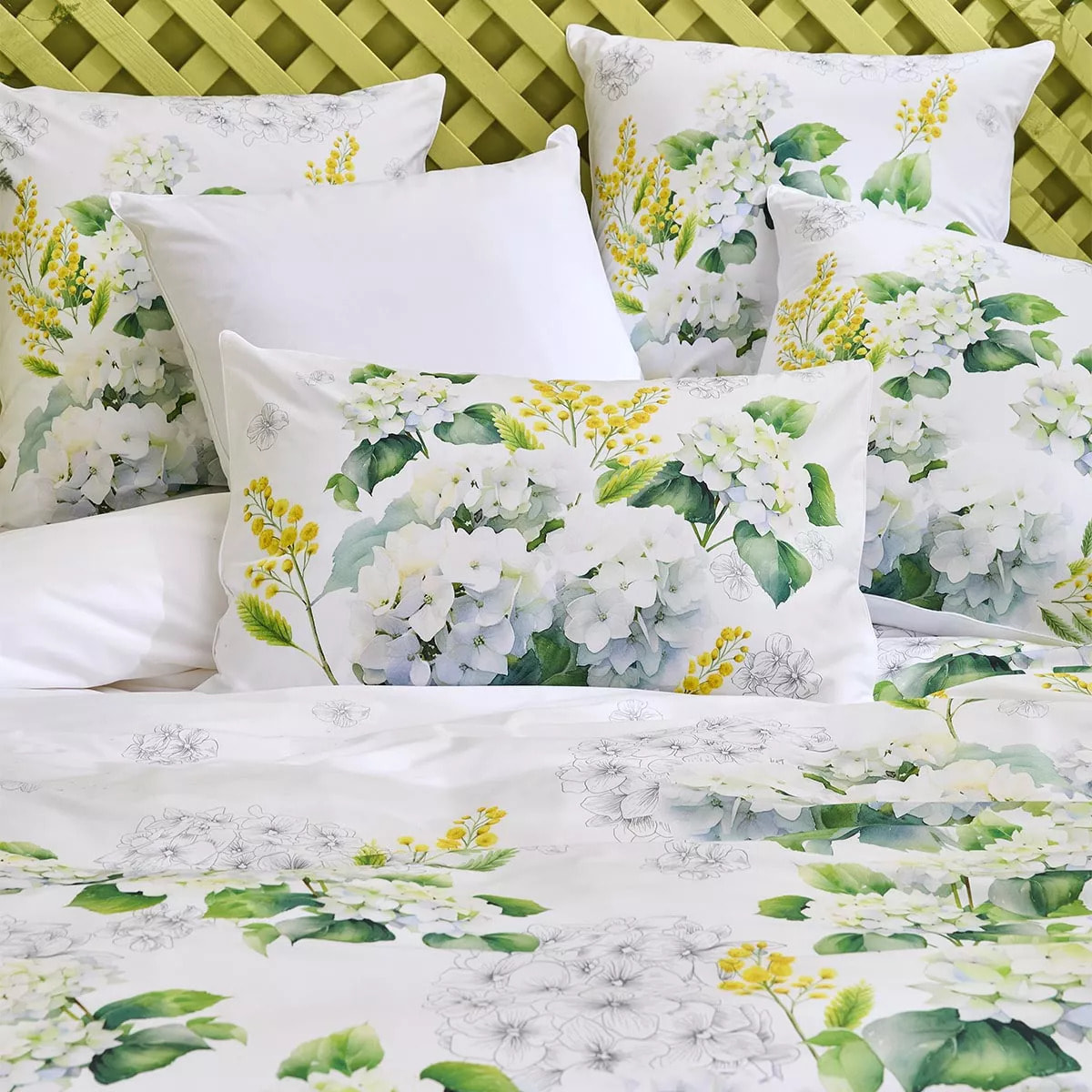 Lot de 2 taies percale de coton 115 g/m² imprimé blanc jaune Annabelle mimosa