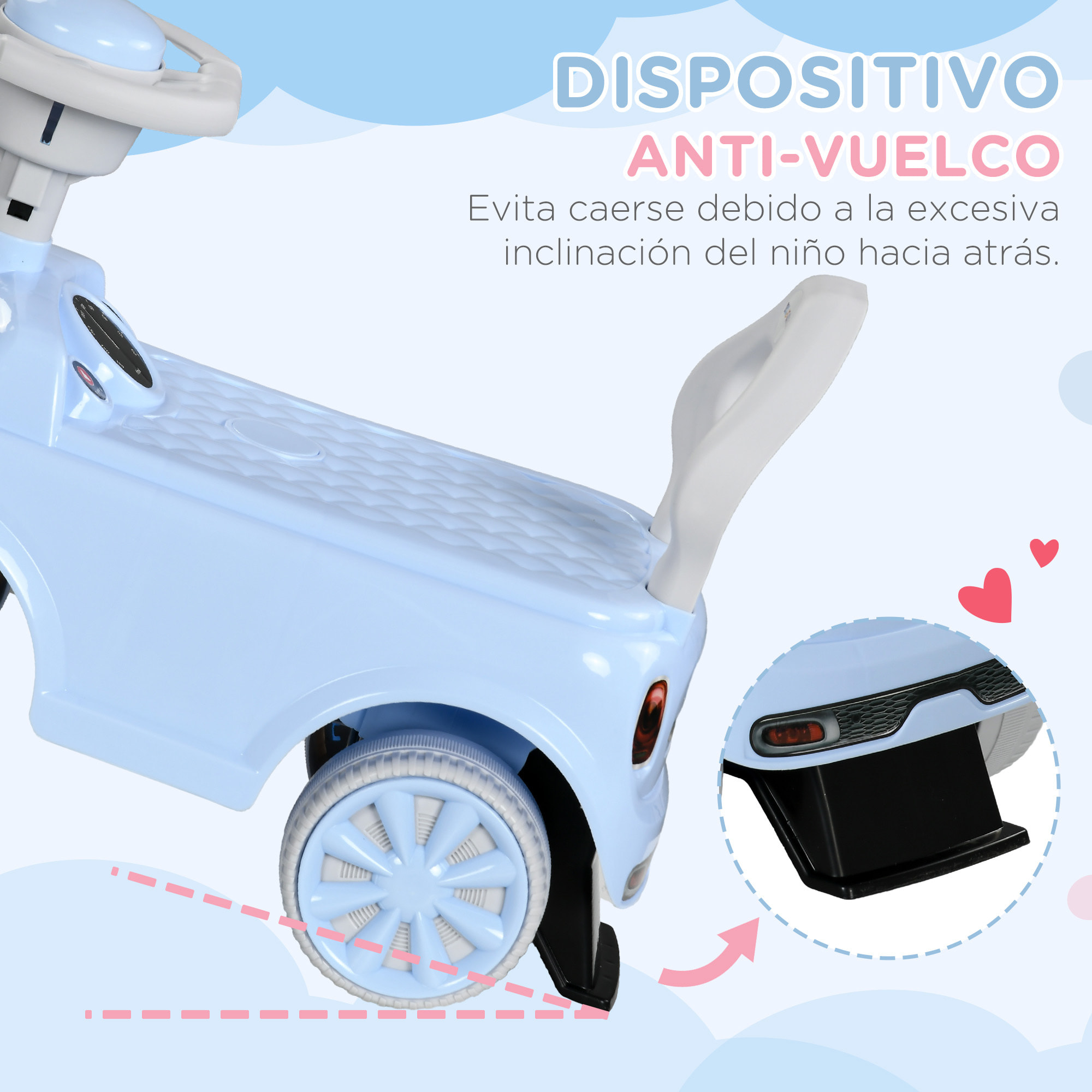 Correpasillos para Bebés de 18 a 36 Meses Coche Correpasillos con Volante Bocina y Sistema de Antivuelco Carga 25 kg 53x25x35 cm Azul Claro