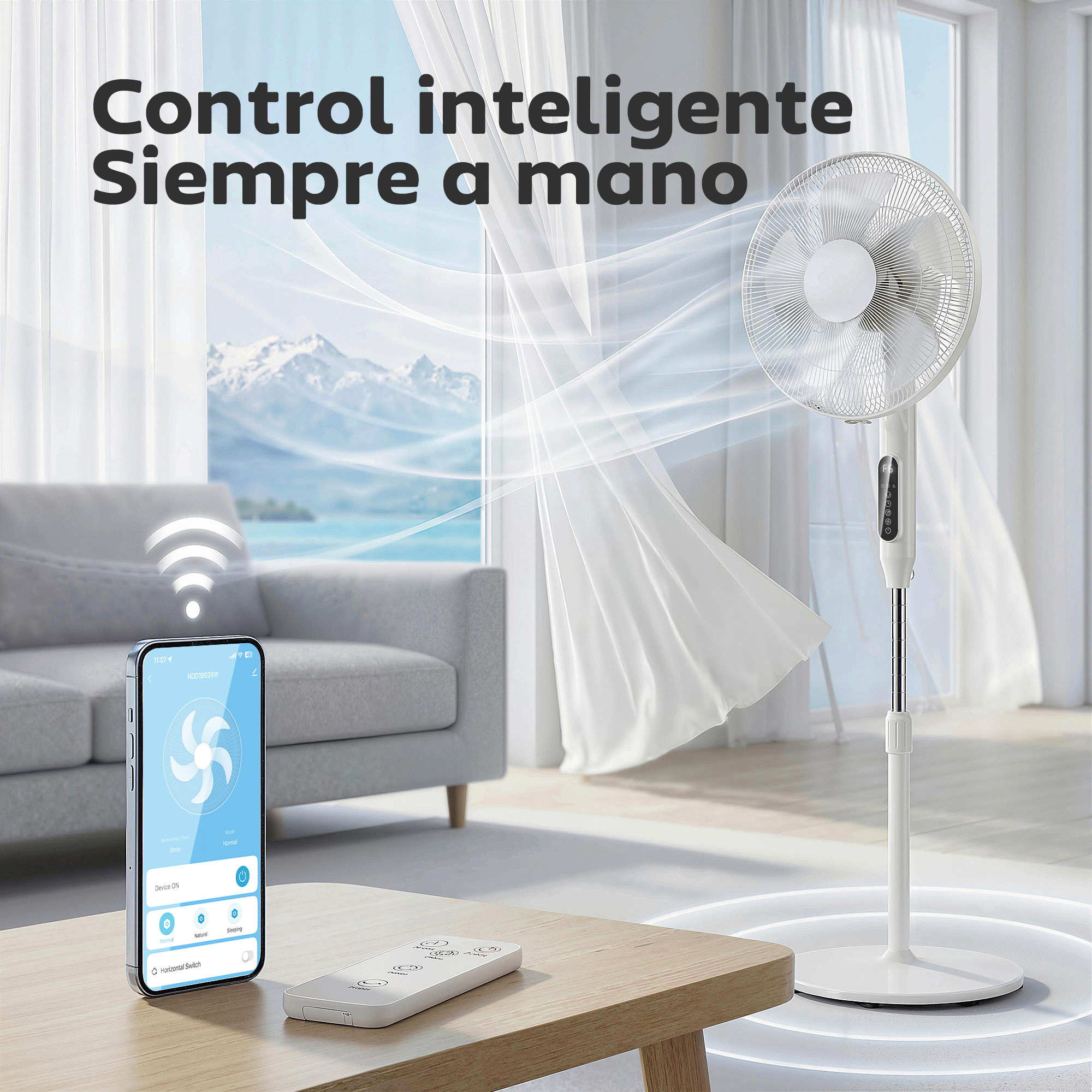Ventilador de Pie con Control Remoto y Función Wifi, Ventilador de Pedestal Silencioso con Altura Ajustable, 3 Velocidades, 3 Modos, Oscilación 85°, Temporizador 15H y Pantalla LED, 50W, Blanco
