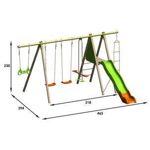 Balançoire en bois poutre métal Techwood MAKUTA 2,30 m avec toboggan 8 enfants