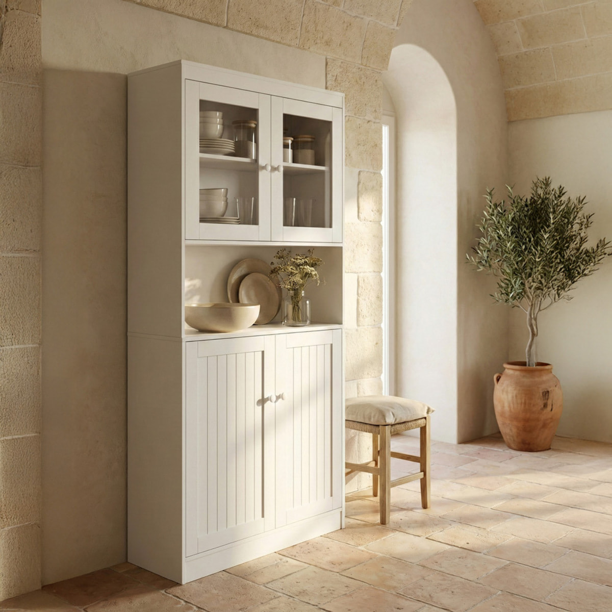 Credenza alta bianca 2 ante vetrate e vano a vista 84x32x190 cm - Provenza