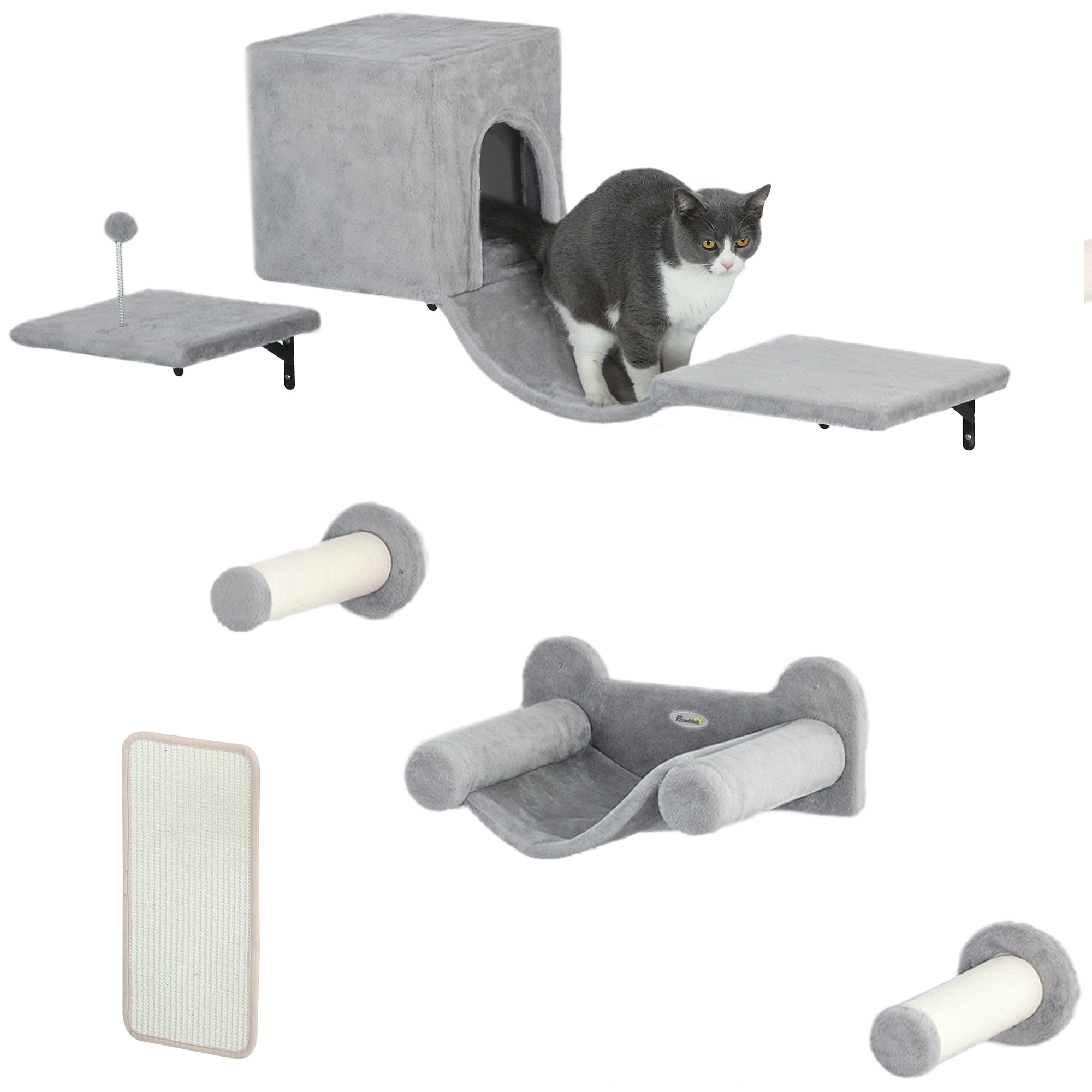 Juego de Pared de Escalada para Gatos de 6 Piezas Estanterías para Gatos con Condominio Plataforma Hamaca Escaleras Percha Tabla Rascador Poste de Sisal Bola de Juguete Gris