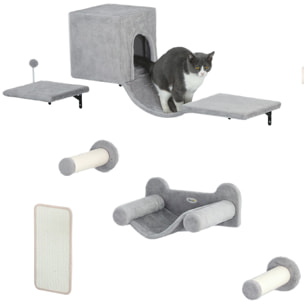 Juego de Pared de Escalada para Gatos de 6 Piezas Estanterías para Gatos con Condominio Plataforma Hamaca Escaleras Percha Tabla Rascador Poste de Sisal Bola de Juguete Gris