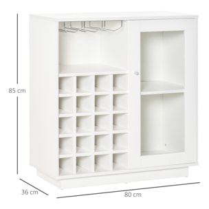 Aparador de Cocina con Botellero para 20 Botellas Armario Auxiliar con 1 Puerta de Cristal Estantes y Soporte de Copas de Vino para Comedor Bar 80x36x85 cm Blanco