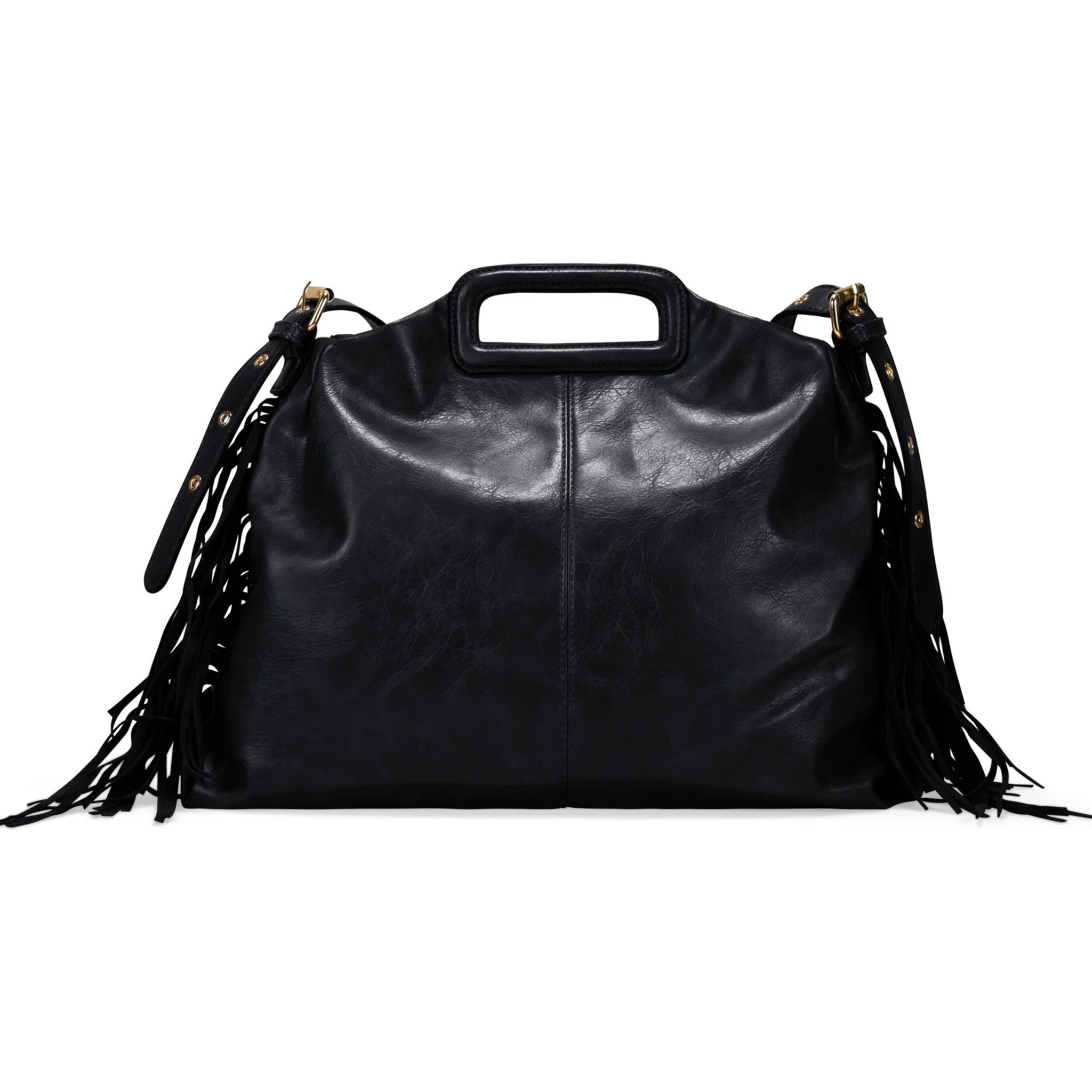 Bolso de mano negro con flecos y asa de colgar