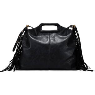 Bolso de mano negro con flecos y asa de colgar