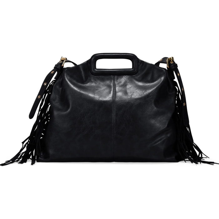 Bolso de mano negro con flecos y asa de colgar