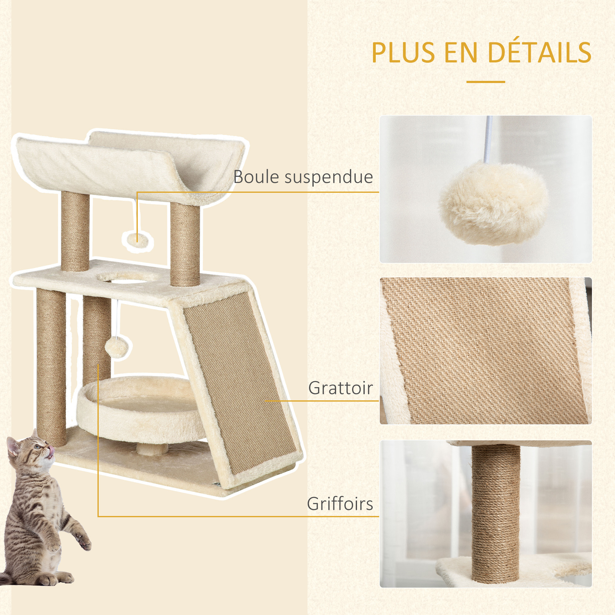 Arbre à chat griffoirs grattoir jeu boules suspendues plateformes ronde, rectangulaire et demi-cylindrique peluche jute naturelle beige