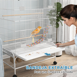 Jaula para Pájaros con Ruedas Jaula Grande con Soporte Pajarera con Bandeja Extraíble Puertas Comederos Perchas Juguetes y Estante Inferior para Canarios Periquitos 79x49x133 cm Blanco