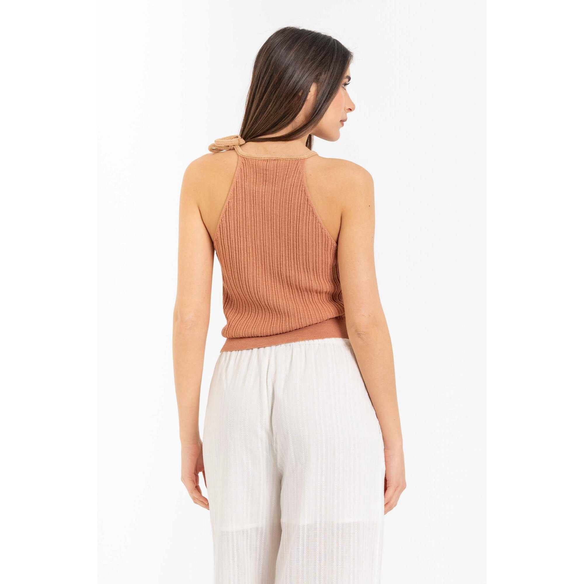 Kocca - Top da donna in maglia di viscosa a costine con nodo Donna