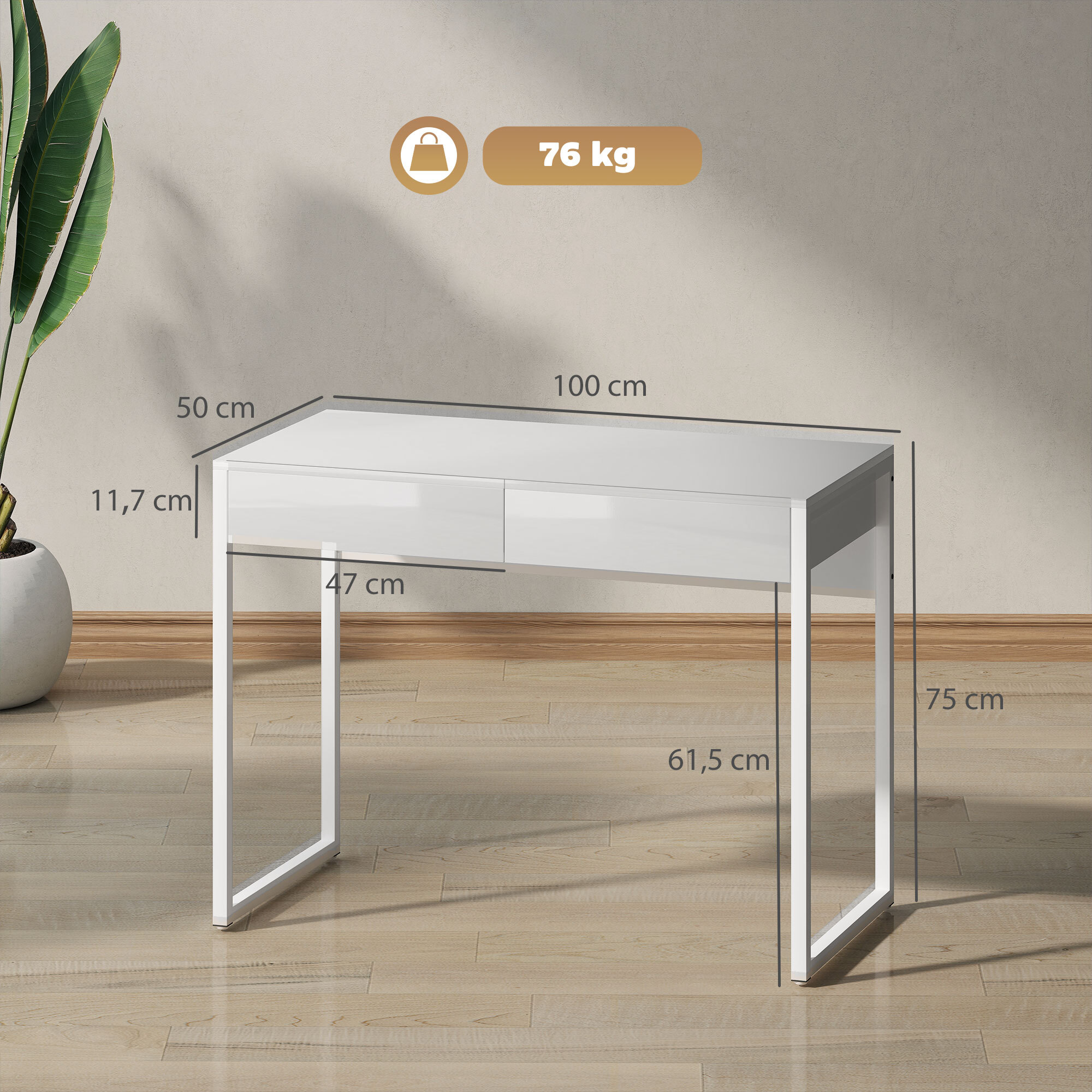 Bureau design blanc laqué dim. 100 x 50 cm - 2 tiroirs - acier MDF