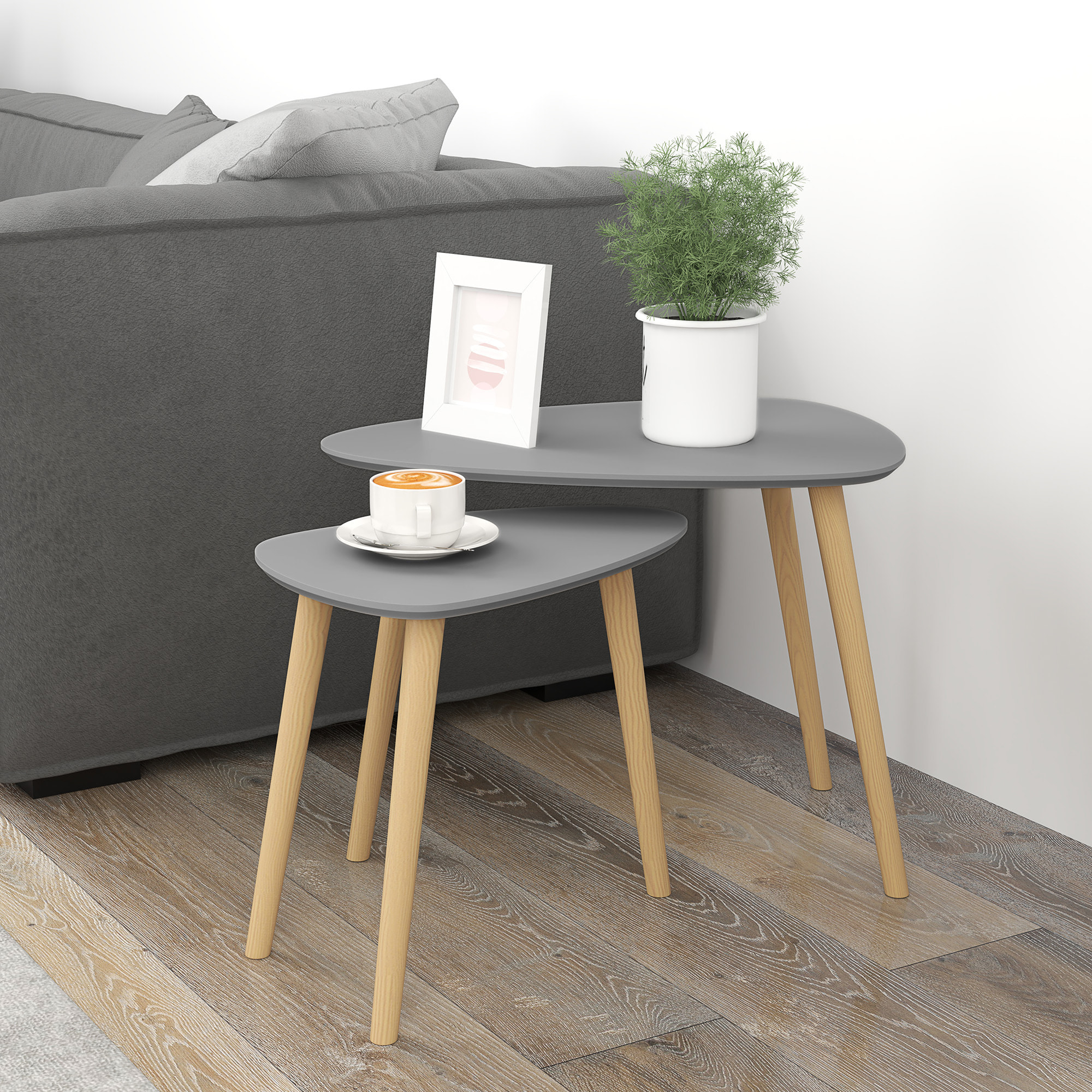 Juego de 2 Mesas Auxiliares con Patas de Madera Mesas Nido Mesas de Café para Salón Dormitorio Oficina 59,5x39,5x45 cm y 44,5x28,5x40 cm Gris y Natural