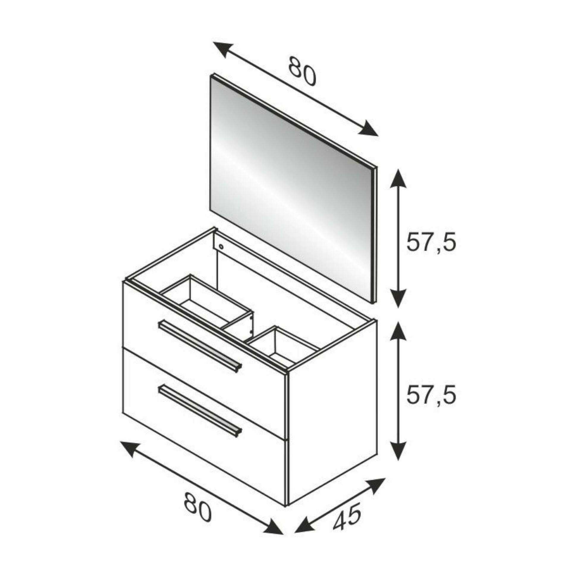 Mobile sottolavabo Inglewood, Mobiletto per bagno sospeso, Armadio a 2 cassetti e specchio, cm 80x45h57, Cemento