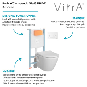 Pack WC suspendu VITRA Integra blanc + bâti mur porteur V-Fix Core + Plaque Round Blanche