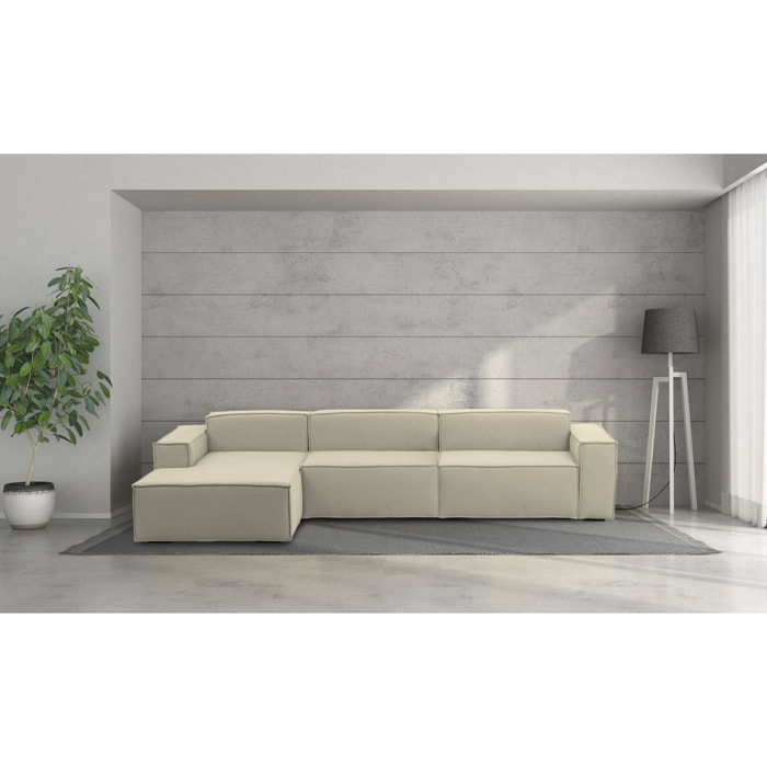 Divano fisso Licia, Divano componibile a 4 posti con penisola sinistra, 100% Made in Italy, Sofà moderno in tessuto, Cm 340x170h70, Beige