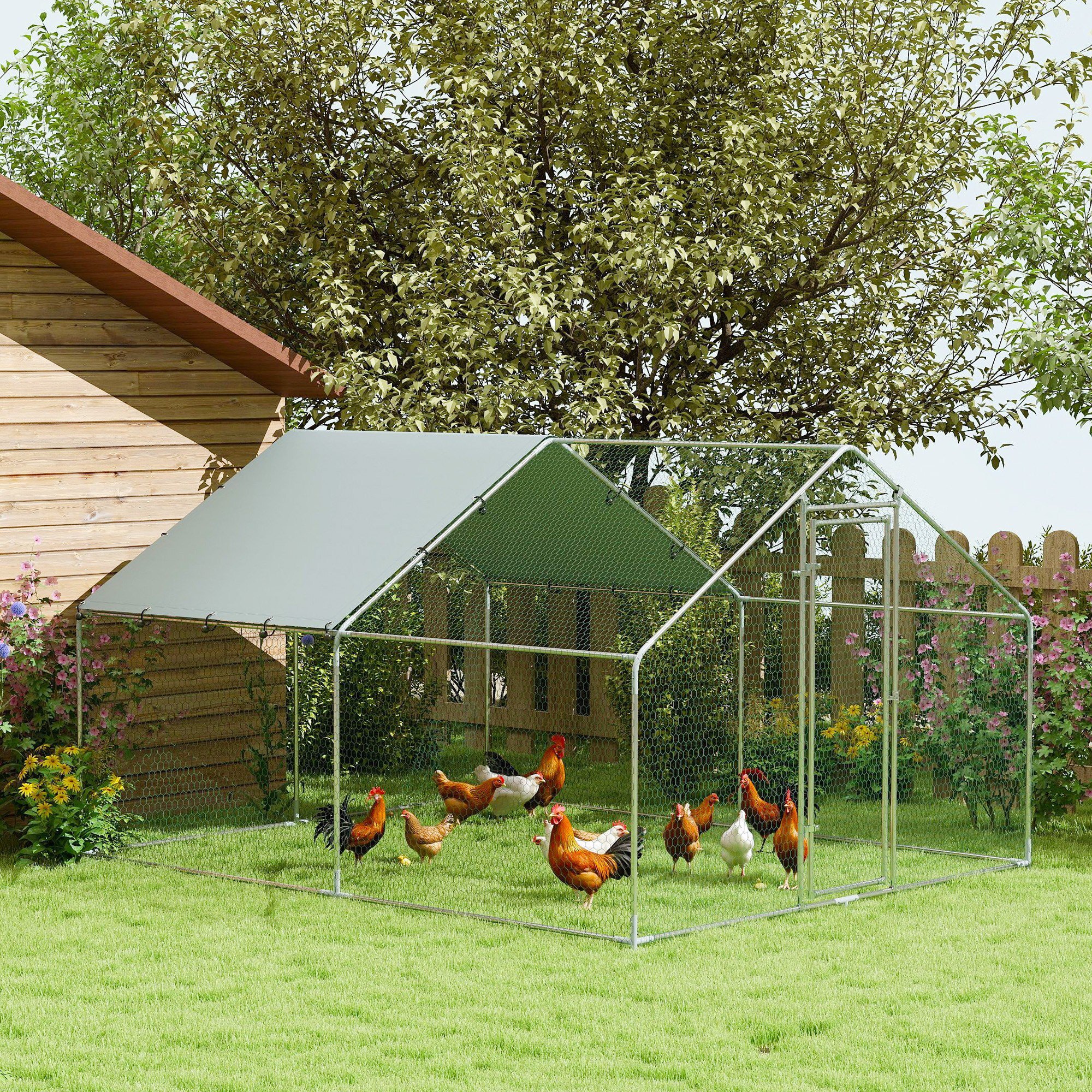 Gallinero para Exterior Gallinero de Acero Galvanizado con Cubierta Anti-UV e Impermeable Jaula para 5-8 Gallinas Plata