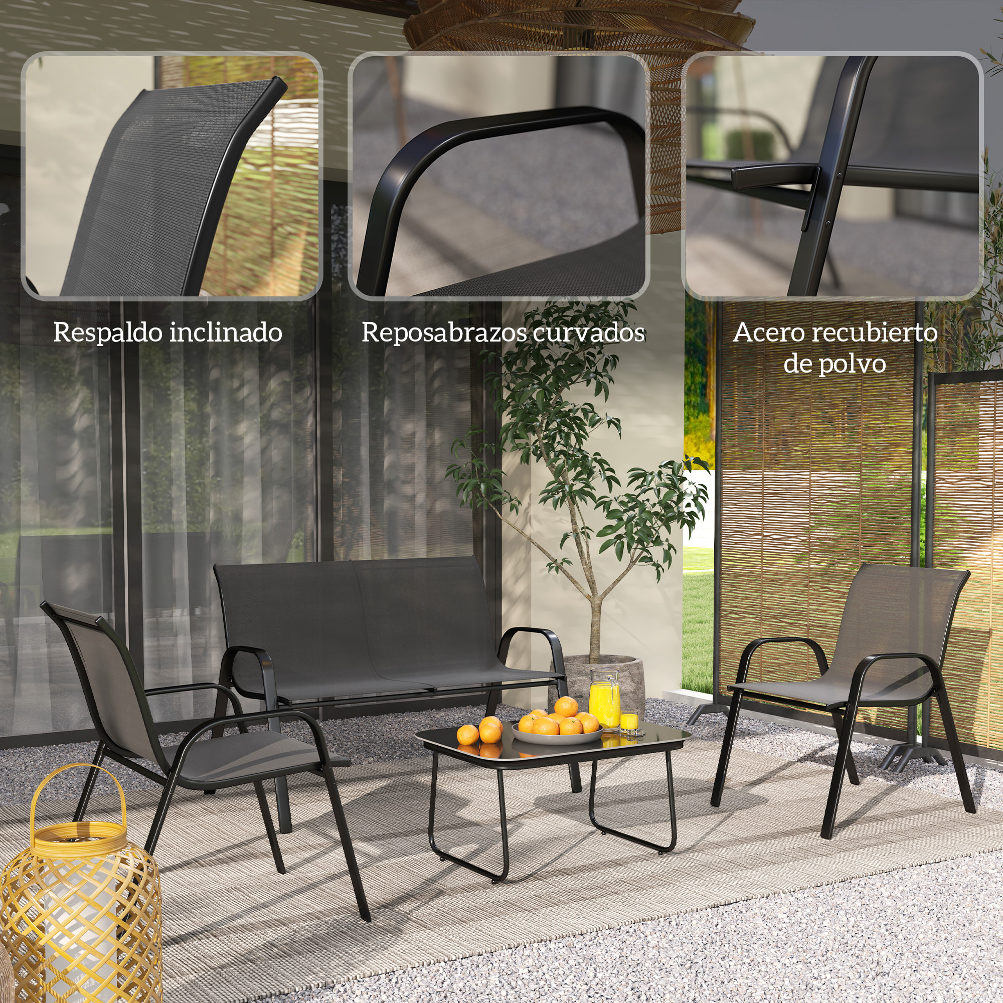 Conjunto de Jardín Exterior 4 Piezas Muebles Jardín Exterior con 2 Sillones Apilables 1 Sofá de 2 Plazas y Mesa de Centro con Tablero de Vidrio Templado Negro