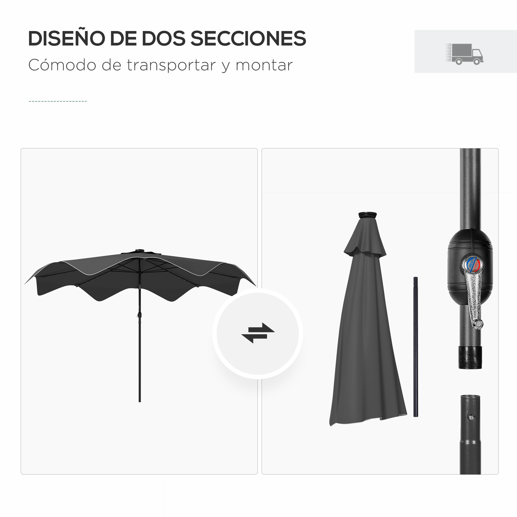 Sombrilla de Jardín Ø292x248 cm Parasol de Terraza Manual con 32 Luces LED Solares 8 Varillas Impermeable y Rejillas de Ventilación para Patio Balcón Gris Oscuro