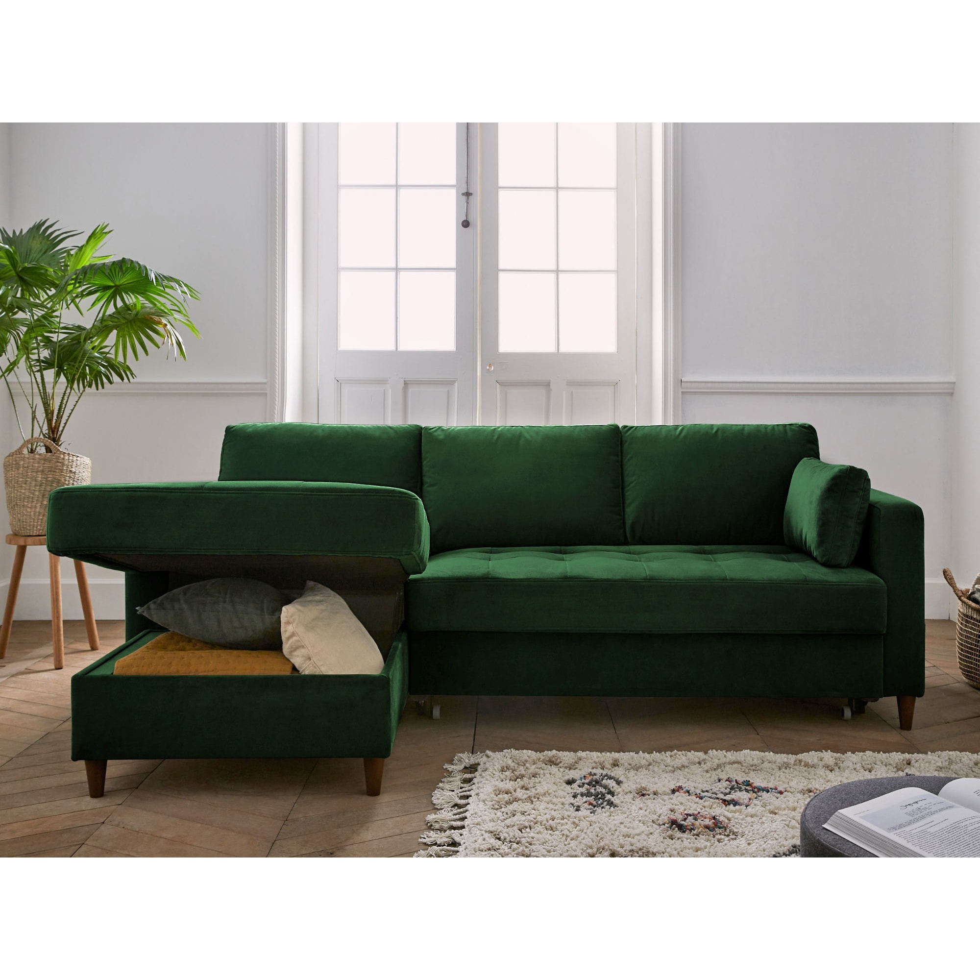 Anna - canapé d'angle gauche - 4 places - convertible avec coffre - en velours - Vert