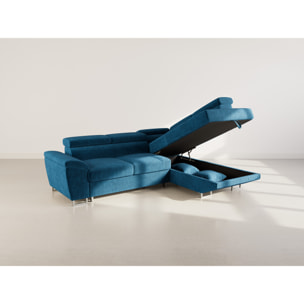 Baoji - Canapé d'angle droit 5 places convertible avec têtières et coffre en velours côtelé - Bleu