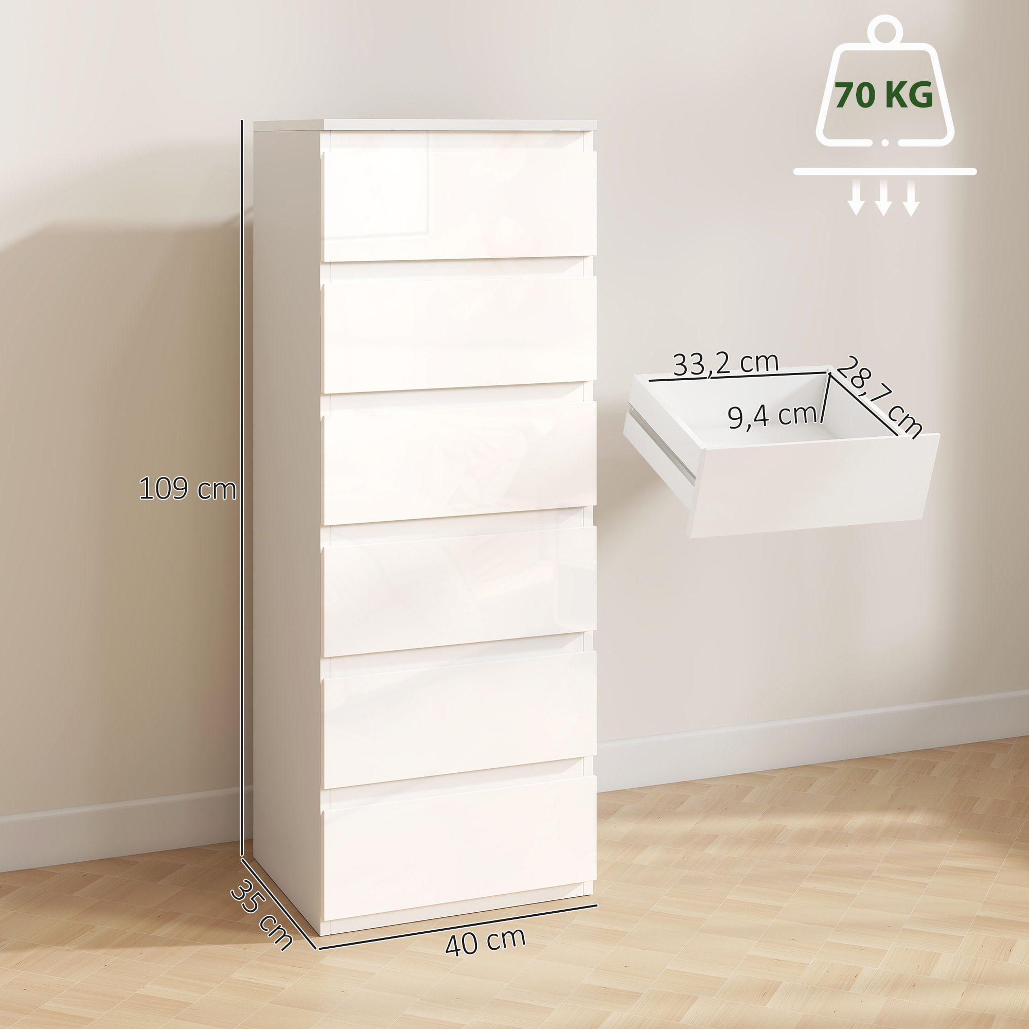 Cómoda 6 Cajones, Cómoda Dormitorio Estrecha de Blanco Brillo, Sinfonier, Ahorro Espacio, Cajonera para Sala de Estar, Comedor, Entrada, 40x35x109 cm