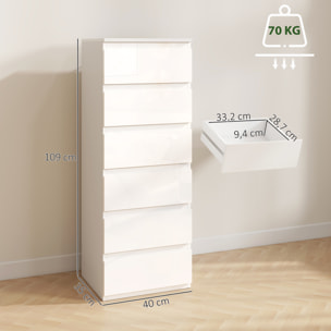 Cómoda 6 Cajones, Cómoda Dormitorio Estrecha de Blanco Brillo, Sinfonier, Ahorro Espacio, Cajonera para Sala de Estar, Comedor, Entrada, 40x35x109 cm