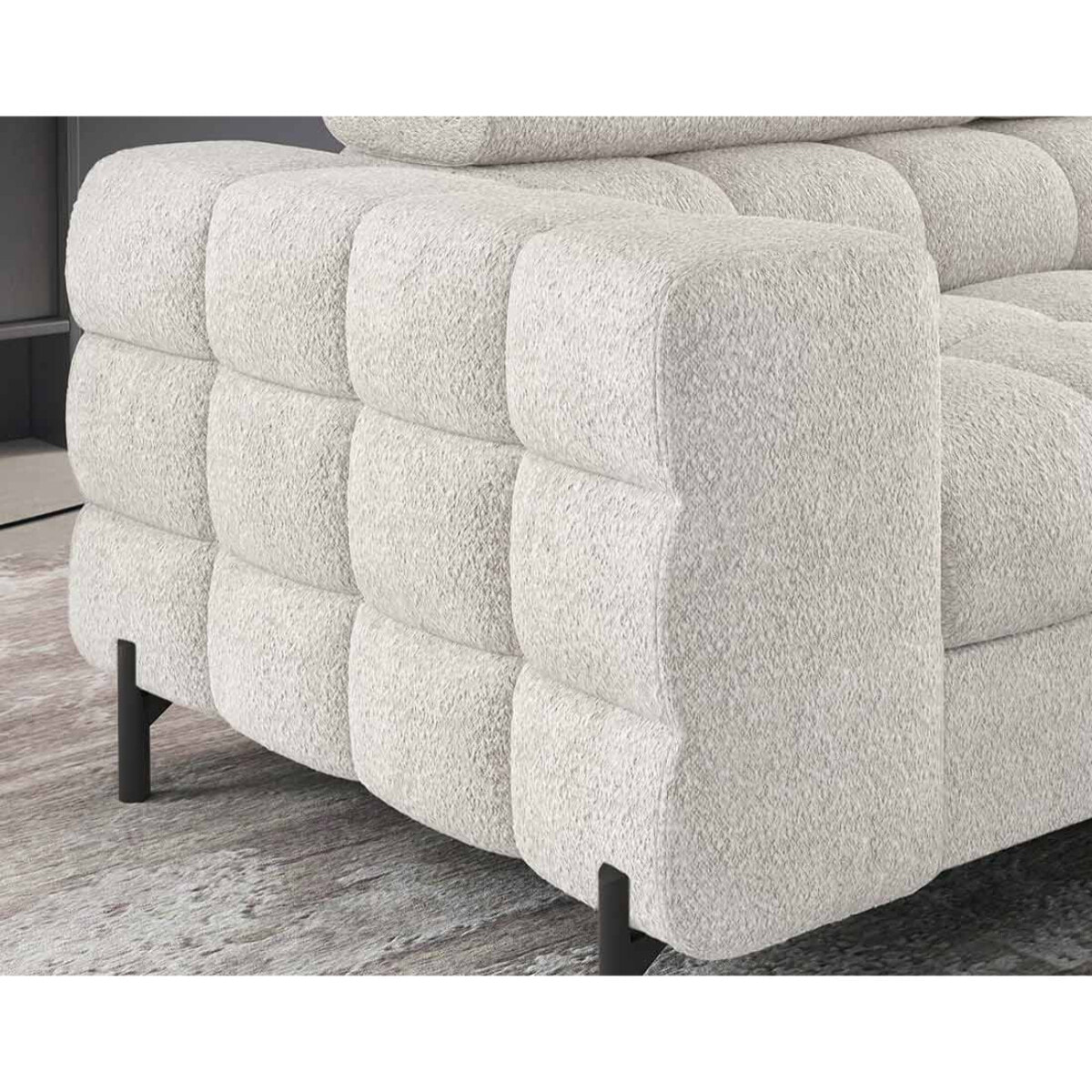 Elisa - canapé d'angle droit 5 places convertible avec coffre et têtières réglables en tissu bouclette - Blanc