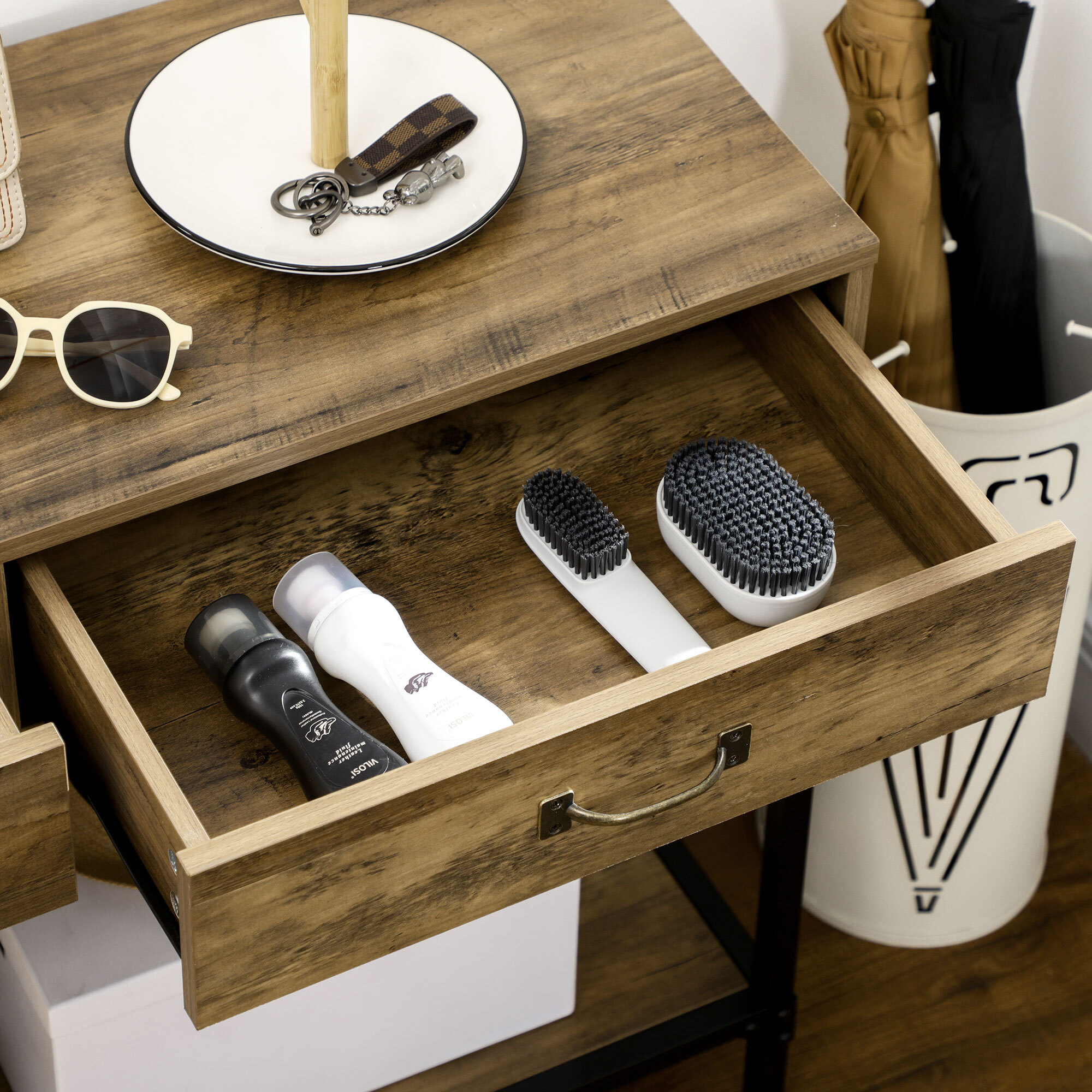 Mesa de Consola Industrial, Mesa de Sofá con 2 Cajones y Estante, Consola para Recibidor con Patas de Metal, para Salón, Pasillo, Entrada, Marrón y Negro