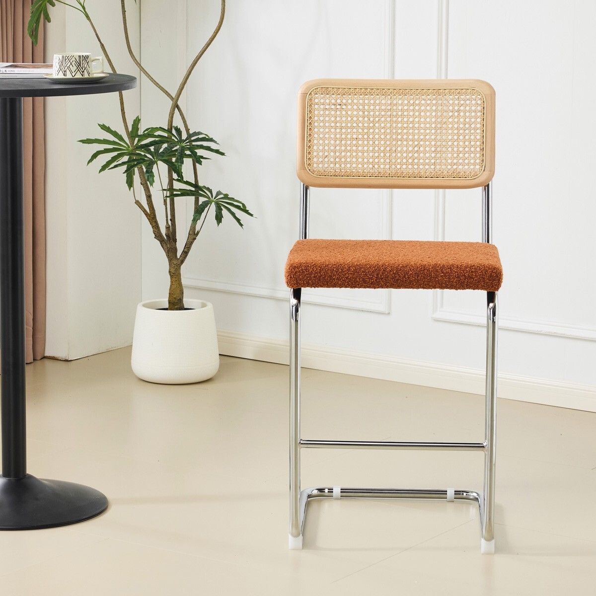 Lot de 2 tabourets de bar en cannage et tissu bouclé - MUSE