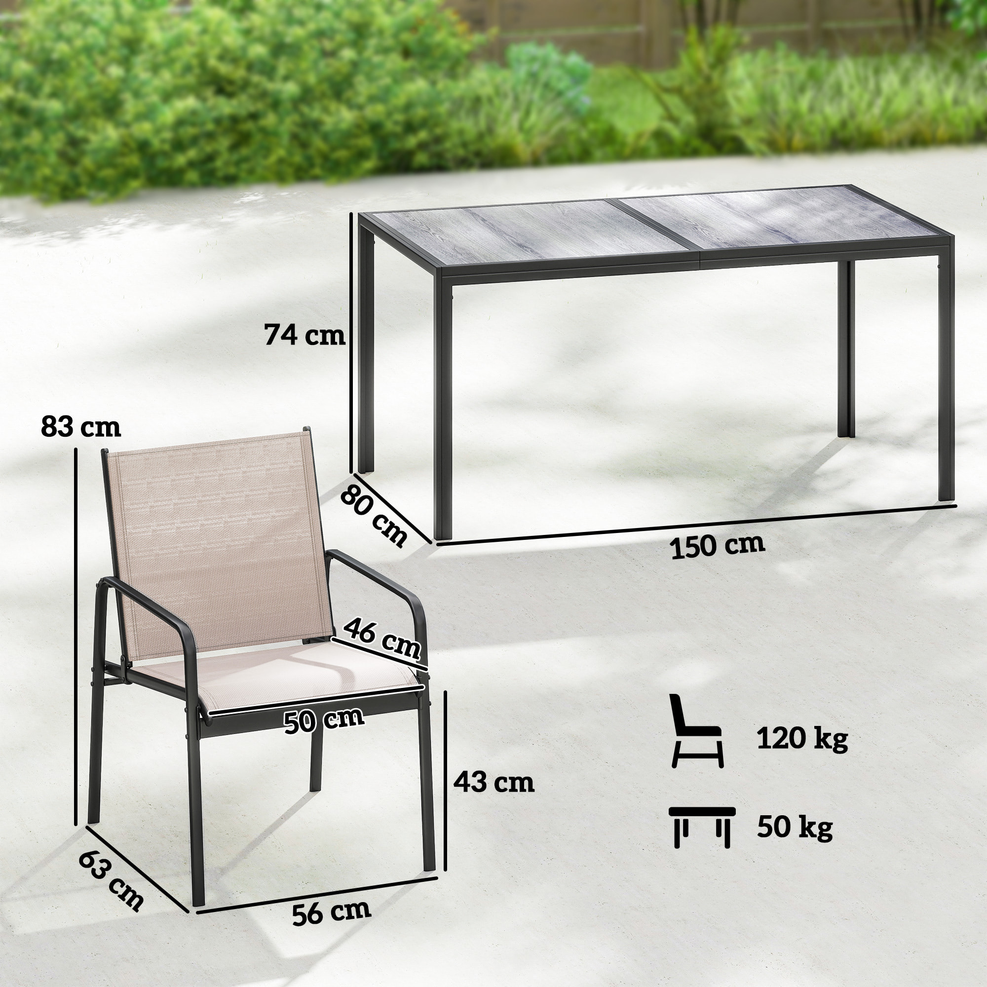 Conjunto de Mesa y Sillas Jardín de 7 Piezas, Muebles de Jardín Exterior con Mesa de Efecto Madera y 6 Sillas con Asiento Transpirable, Marco de Acero Galvanizado, para Terraza, Patio, Caqui