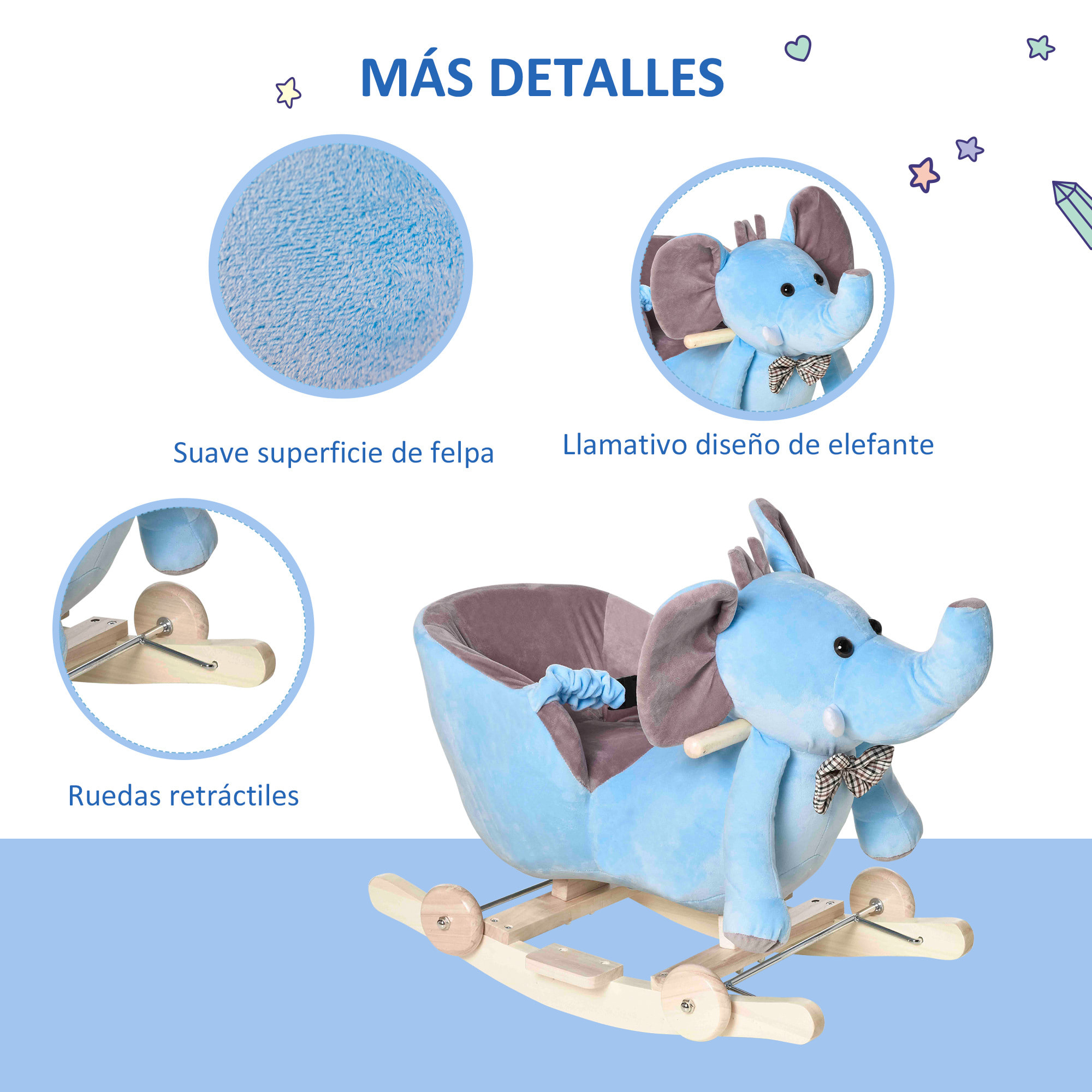 Caballito Balancín con Ruedas Forma de Elefante Caballo Balancín para Bebés de +18 Meses con Músicas Infantiles y Cinturón de Seguridad Carga 60 kg 60x35x45 cm Azul