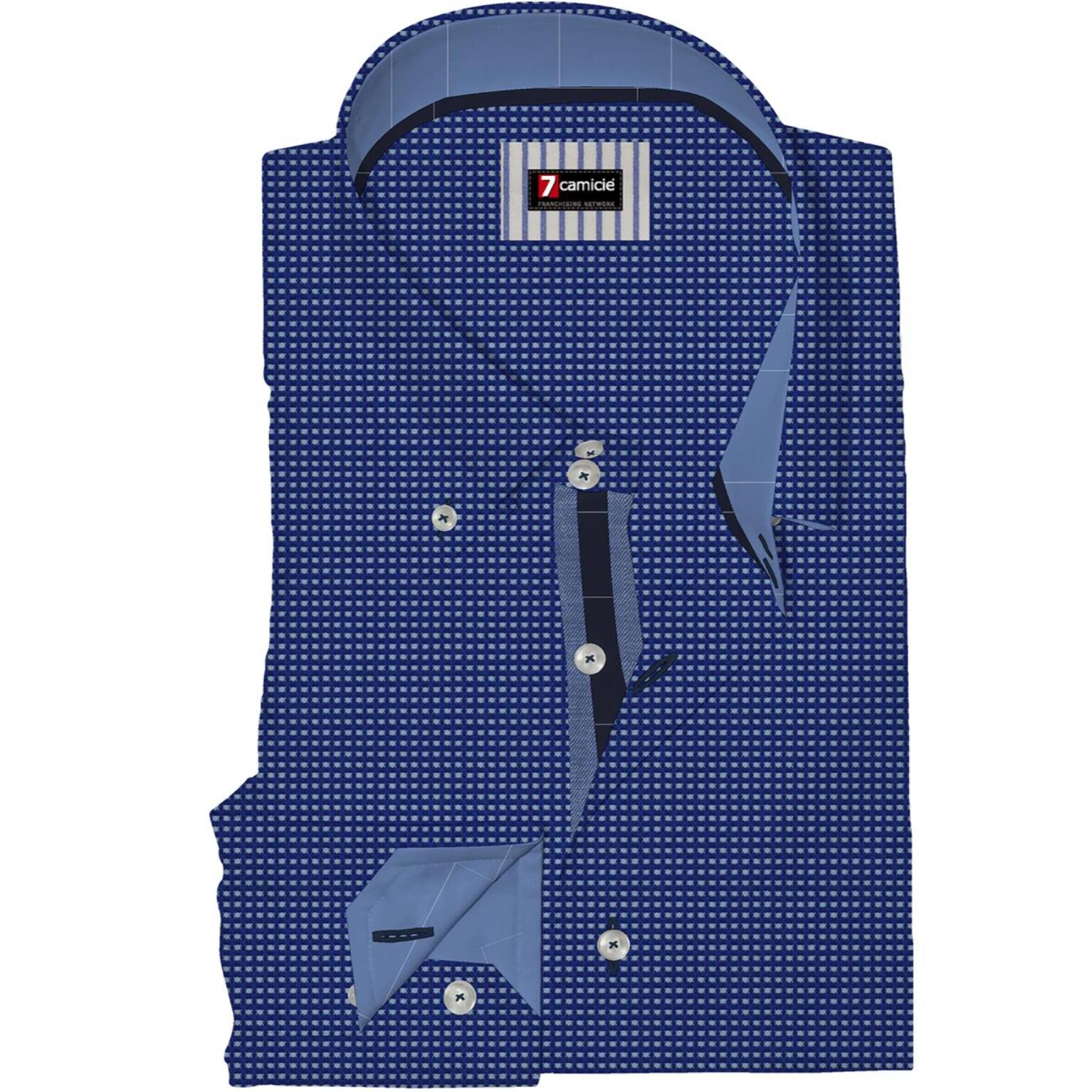 Camicia Uomo 2 Bottoni Button Down Slim Popeline Fantasia Blu/Celeste