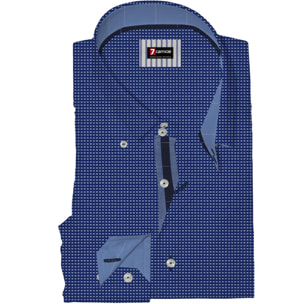 Camicia Uomo 2 Bottoni Button Down Slim Popeline Fantasia Blu/Celeste