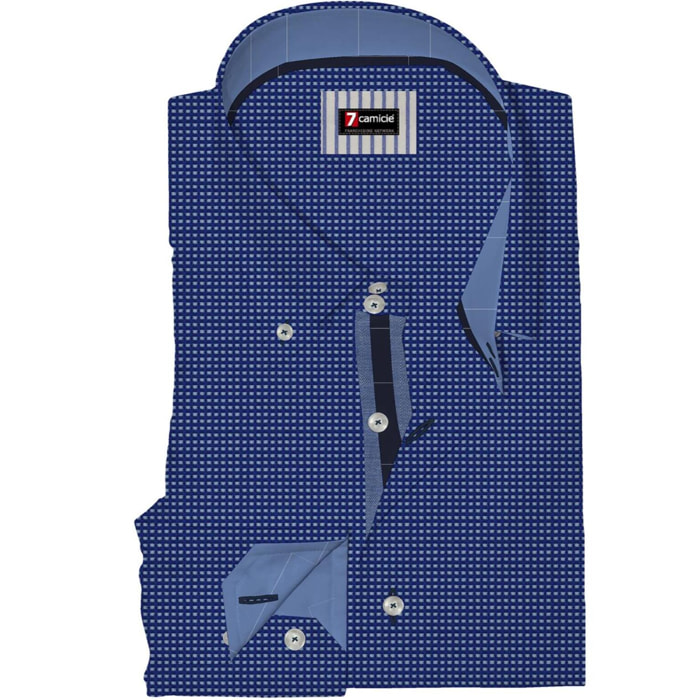 Camicia Uomo 2 Bottoni Button Down Slim Popeline Fantasia Blu/Celeste