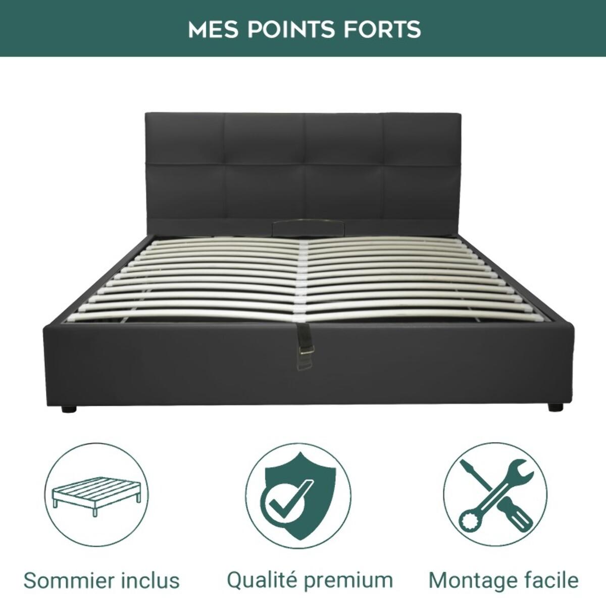 Macao Noir Prestige: Lit Coffre Sommier Relevable avec un Rangement Spacieux